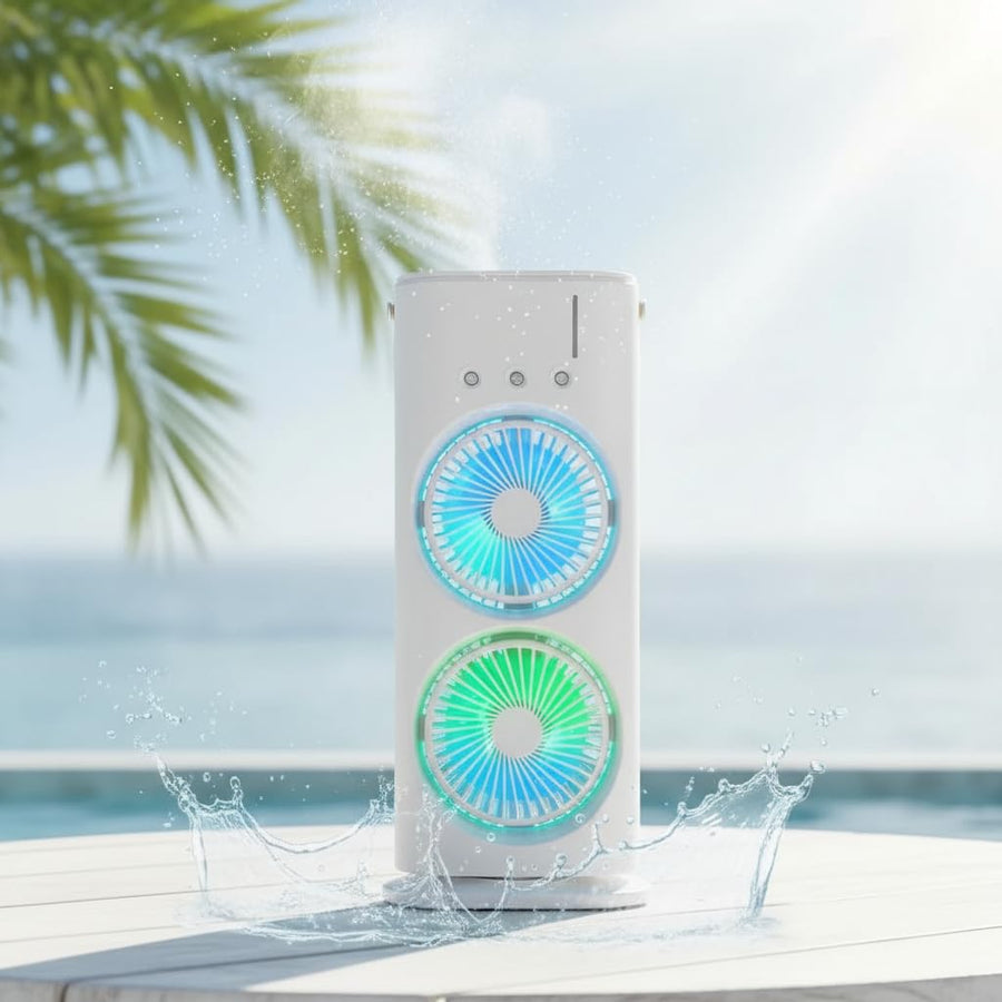 Double Ended Spray Fan – Portable Cooling Mist Fan with Dual Nozzles and Remote Control